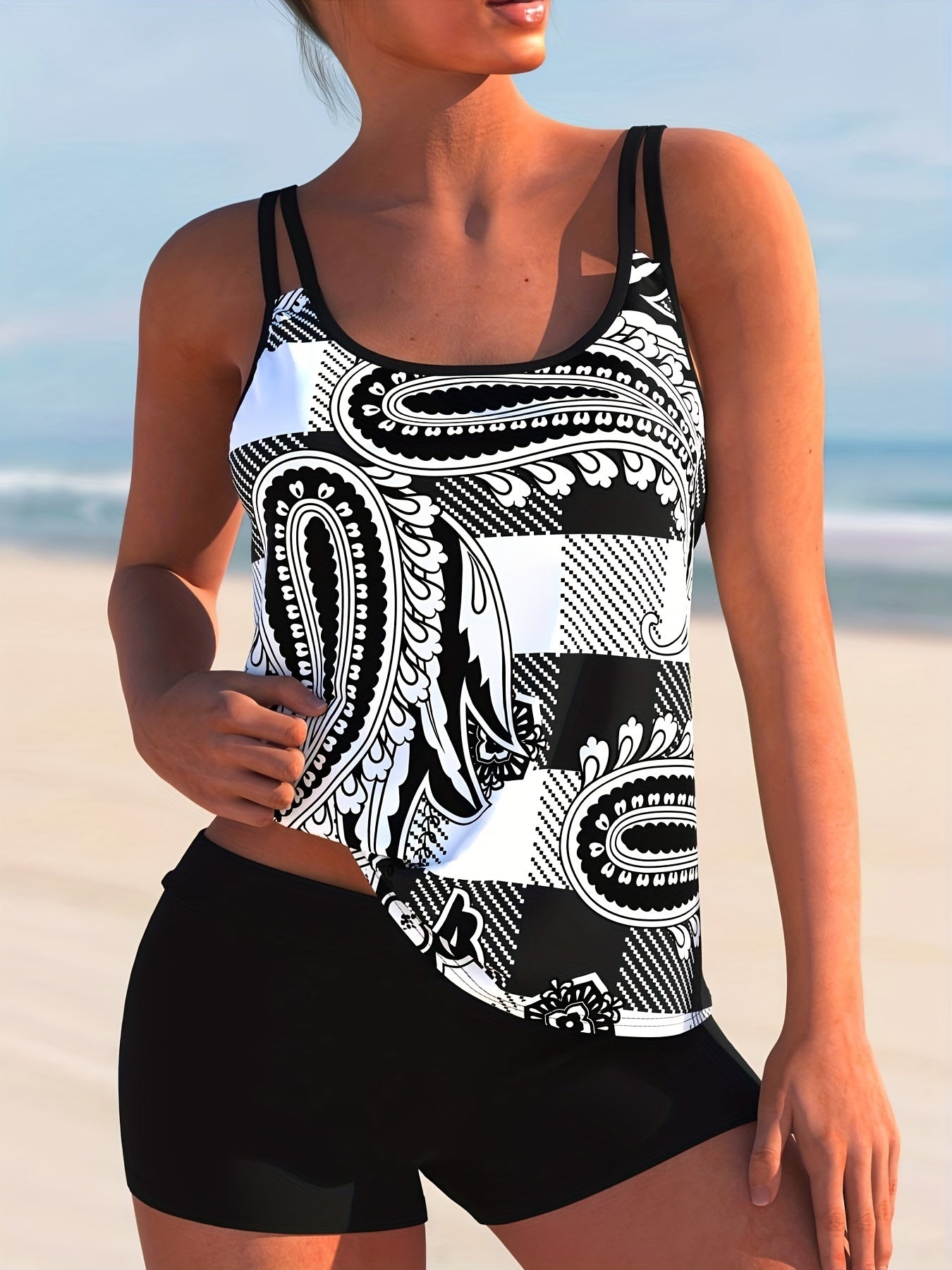  Paisley Print Tankini Set High Stretch Tank Top & Shorts Two Piece