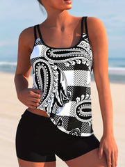  Paisley Print Tankini Set High Stretch Tank Top & Shorts Two Piece