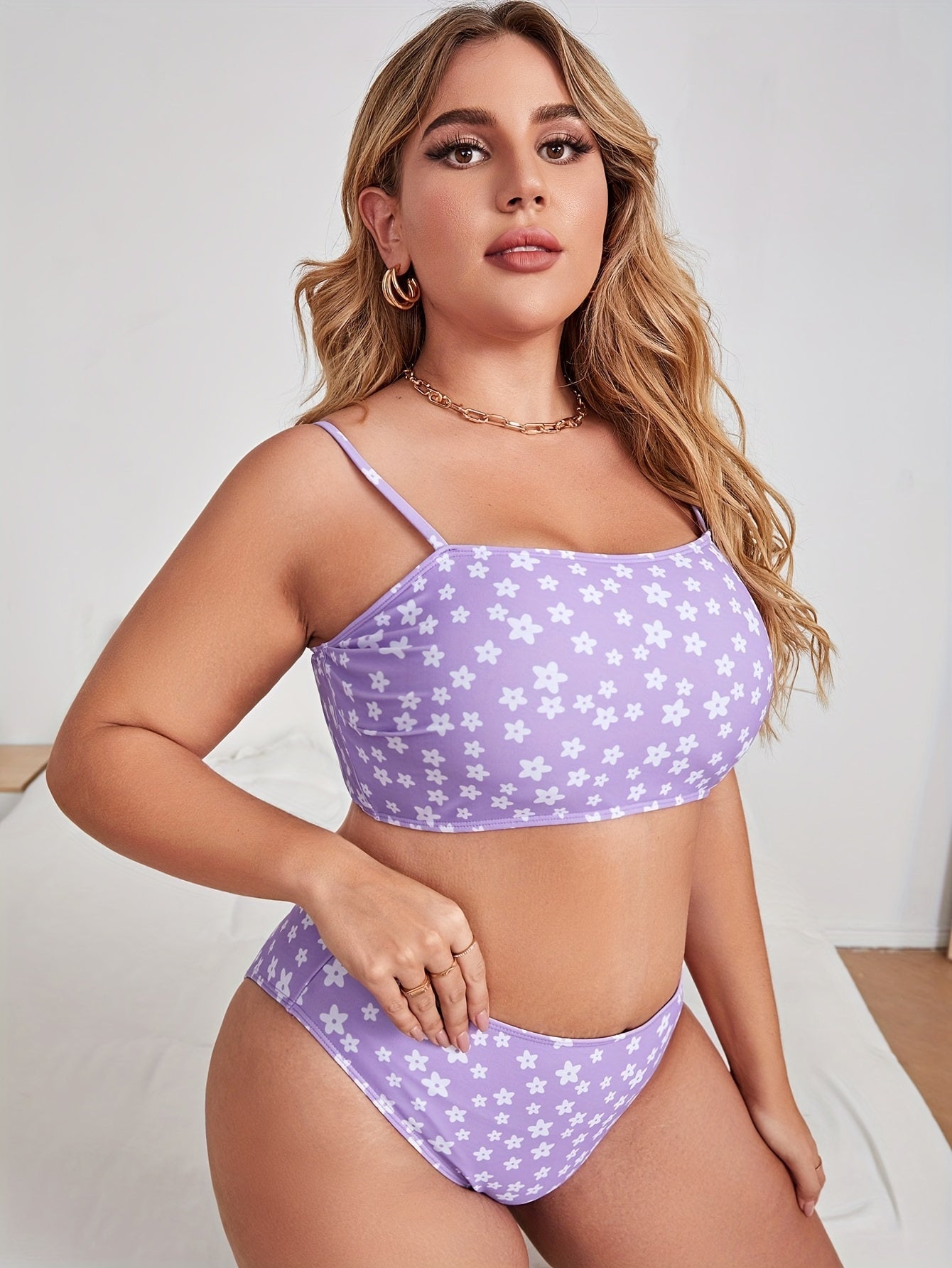  Floral Bikini Set - Square Neck Bra & High Waist Panty
