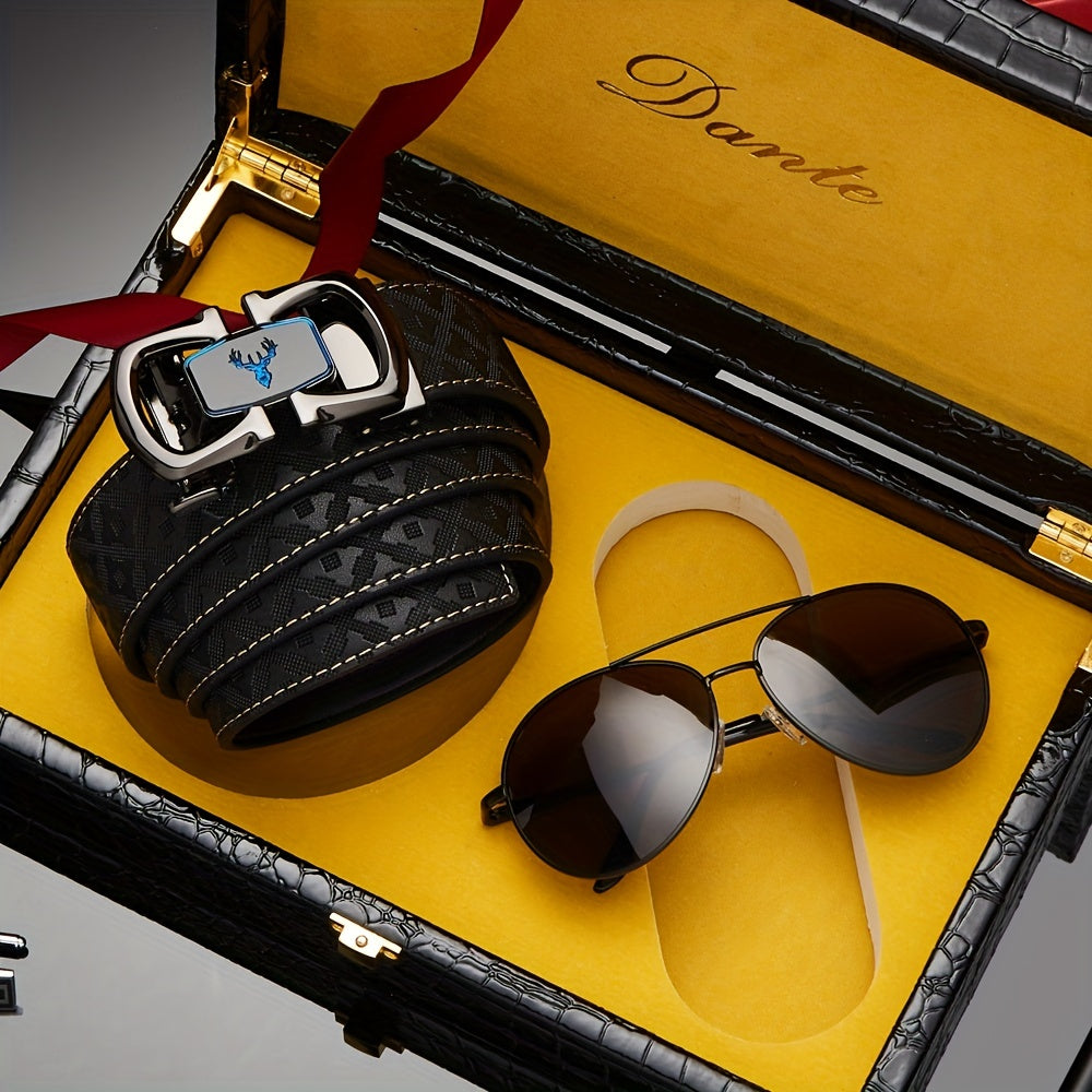 Father's Gift Men's Belt Sunglasses Set Cowhide Belt Automatic Buckle