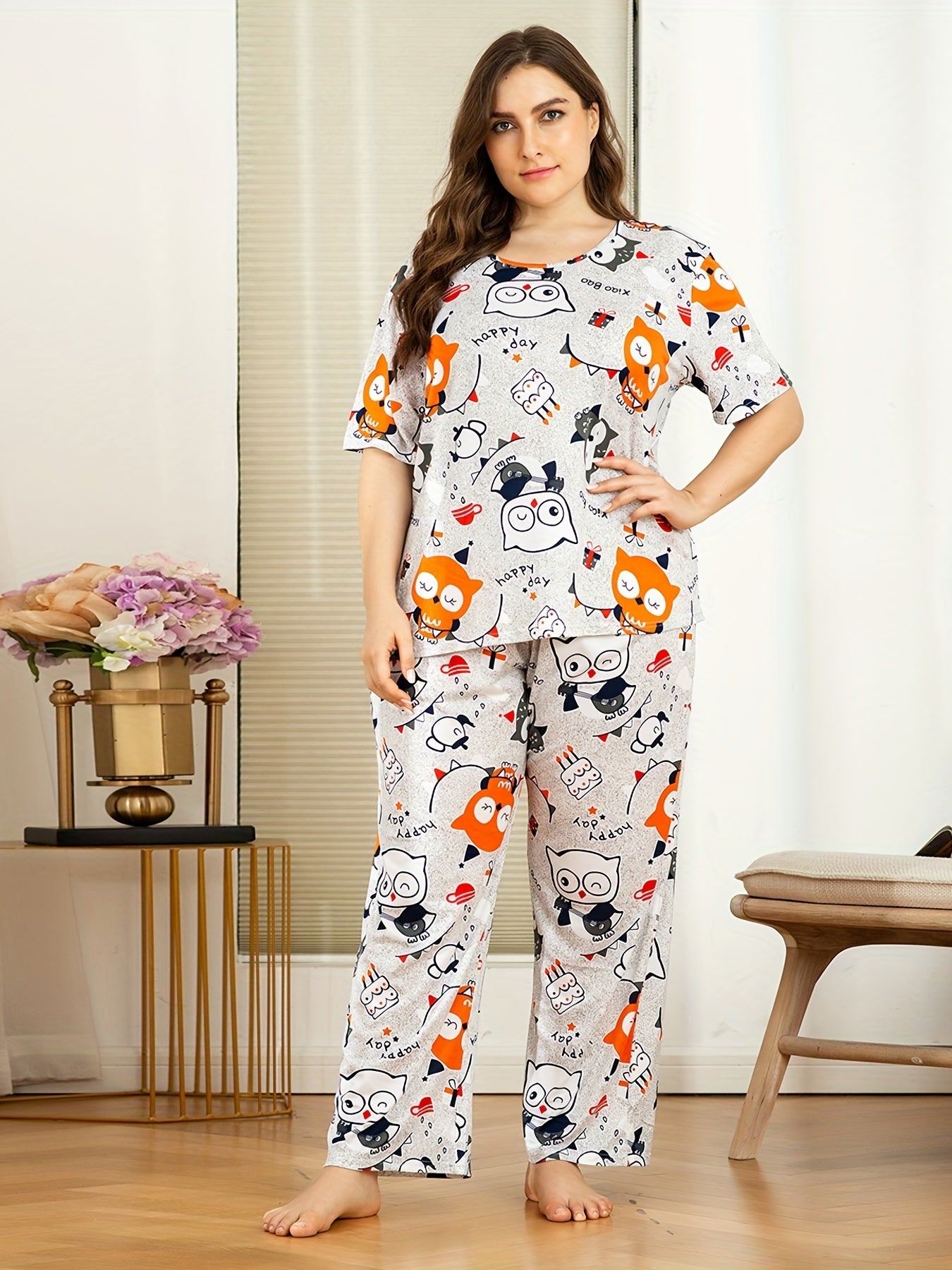 Women's Plus Owl & Cakes Print Short Sleeve Pajama Set