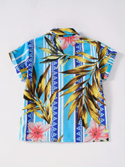 Boys Flower Leaf Print Striped Short Sleeves Shirt Vacation Beach