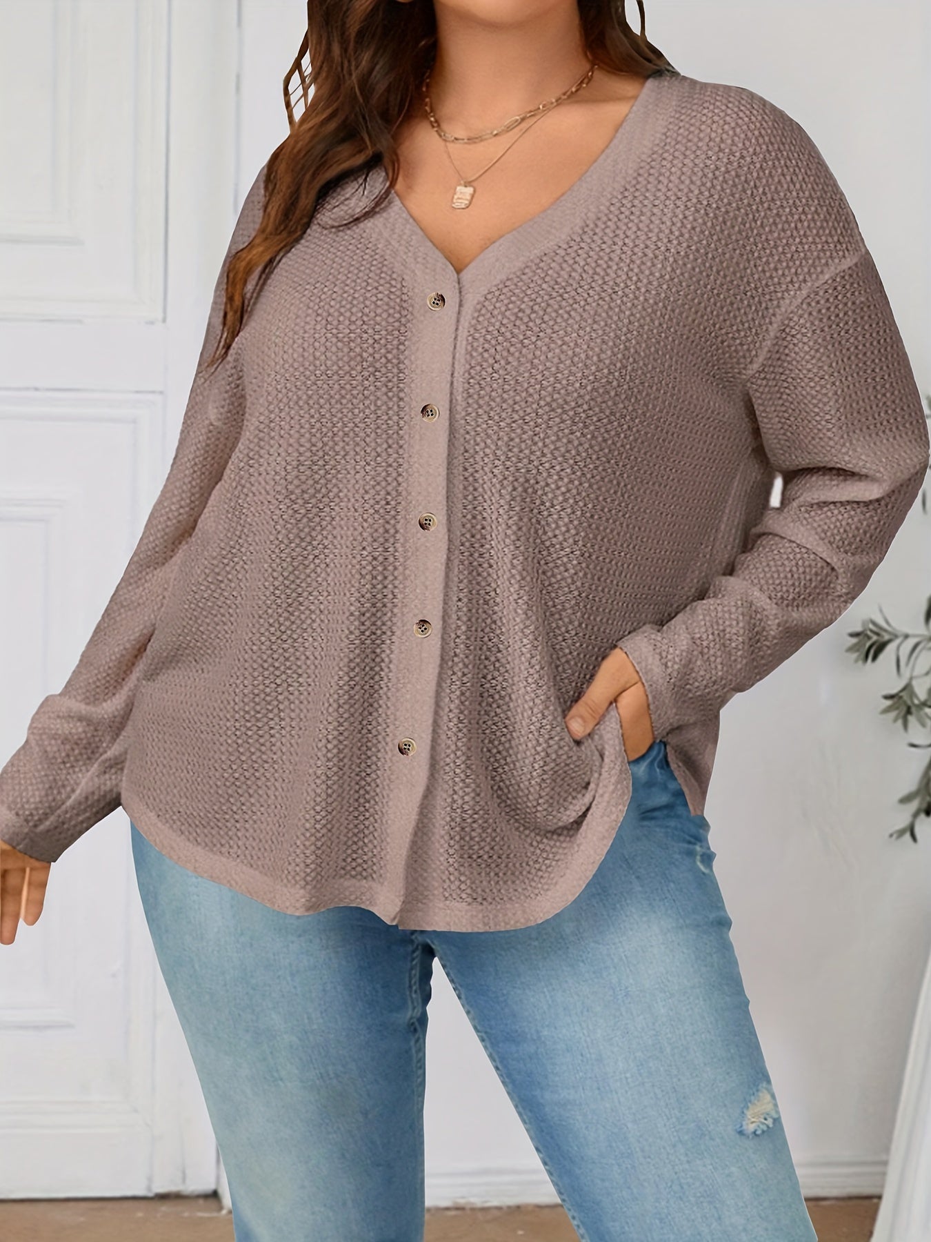  Solid Waffle Pattern Long Sleeve Cardigan