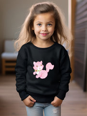 Girls Cat Pattern Crew Neck Sweatshirt for Spring Fall