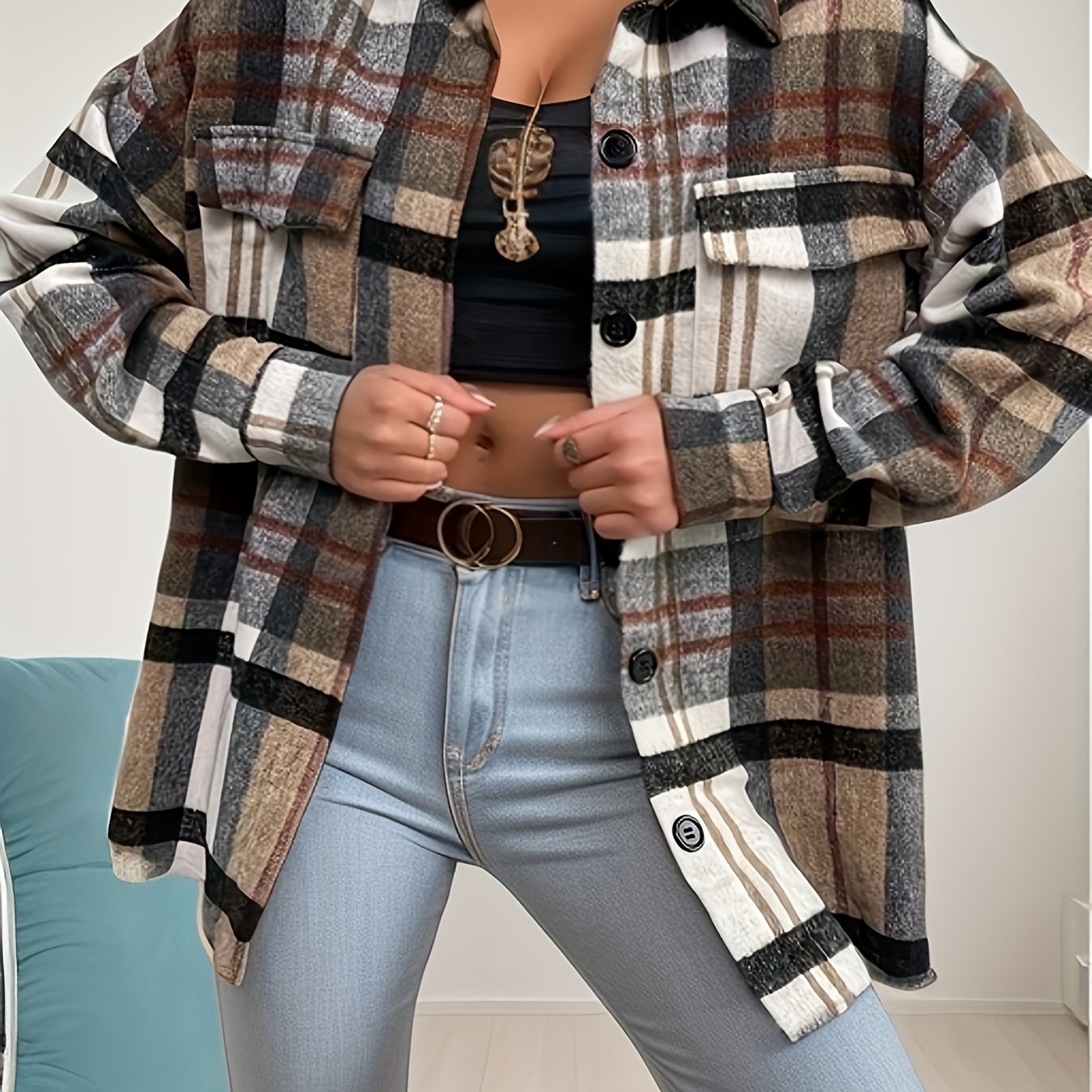  Plaid Print Long Sleeve Button Up Shirt Top