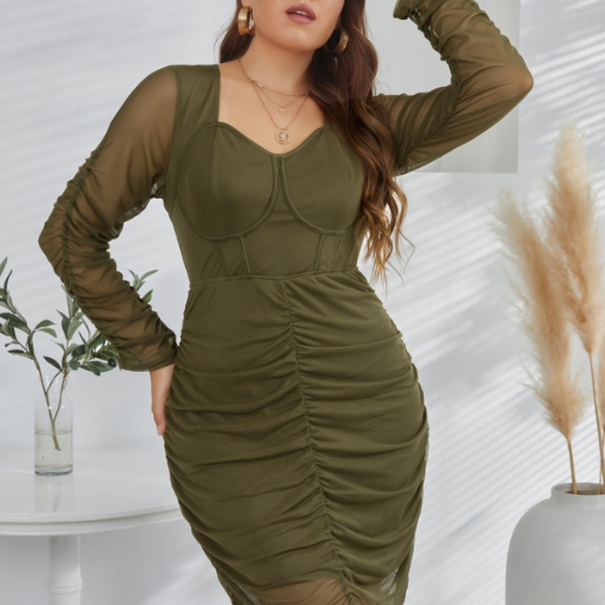  Mesh Ruched Dress Long Sleeve Midi