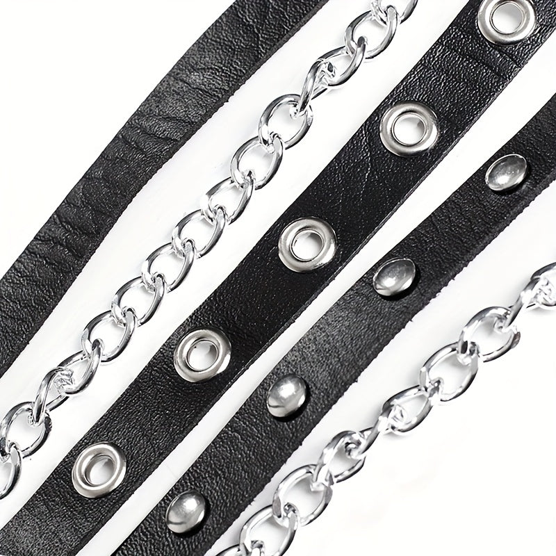 Punk Layered Chain Fringe Belt Hip Hop Rivet PU Leather Waistband