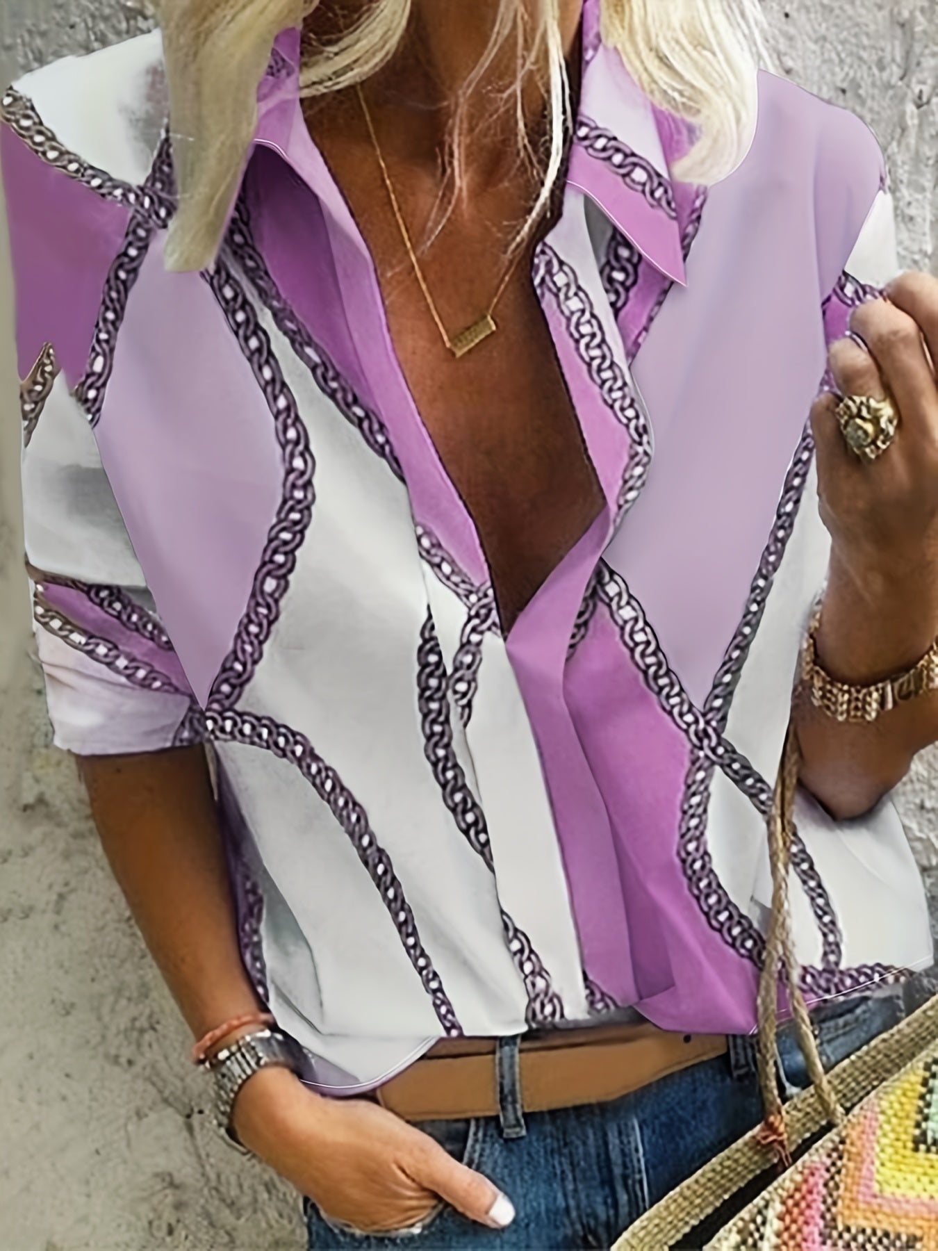  Chain Print Long Sleeve Blouse