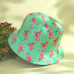 Flamingo Print Reversible Bucket Hat Candy Sunscreen Fisherman Cap