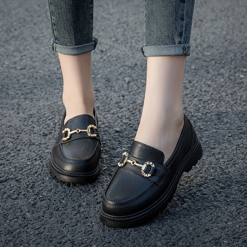 Women's Platform Loafers Slip On Shoes Retro Buckle Decor