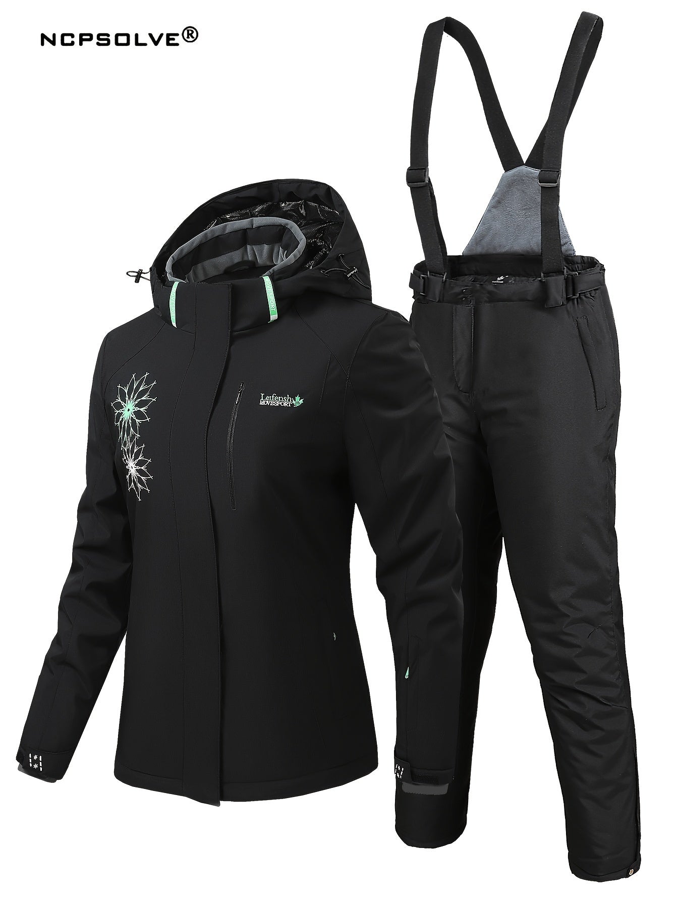 Snowflake Print Ski Set Long Sleeve Hooded Jacket & Suspender Trouser