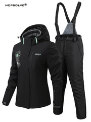 Snowflake Print Ski Set Long Sleeve Hooded Jacket & Suspender Trouser