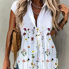  Floral Print Short Sleeve Polo Neck Blouse