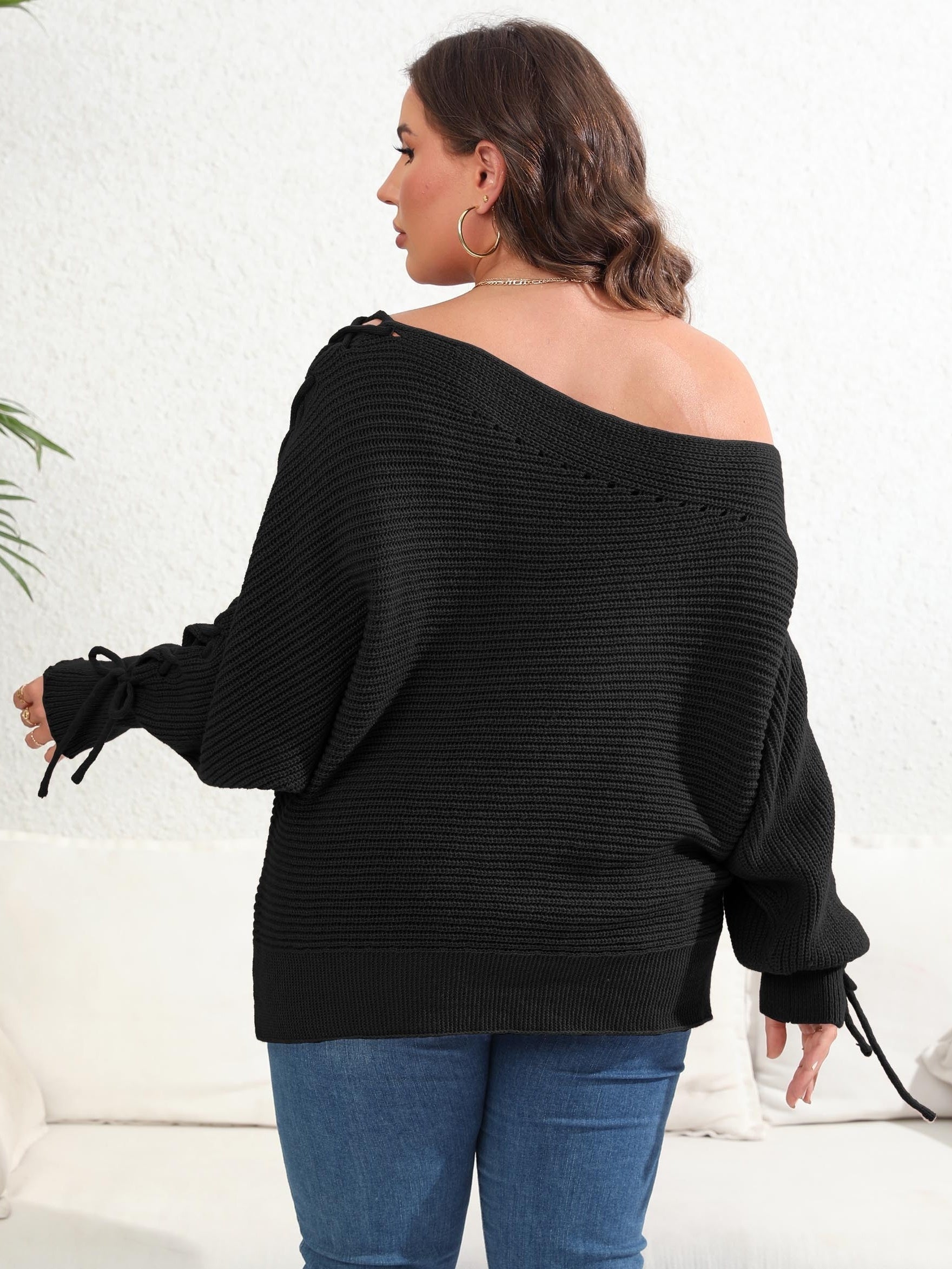  Sexy Sweater Women's Plus Faux Pearl Decor One Shoulder