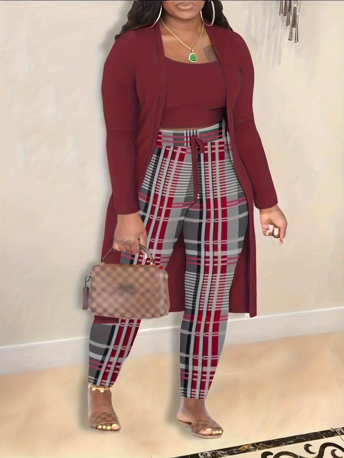 3pc Set: Solid Cardigan, Tank Top & Plaid Leggings