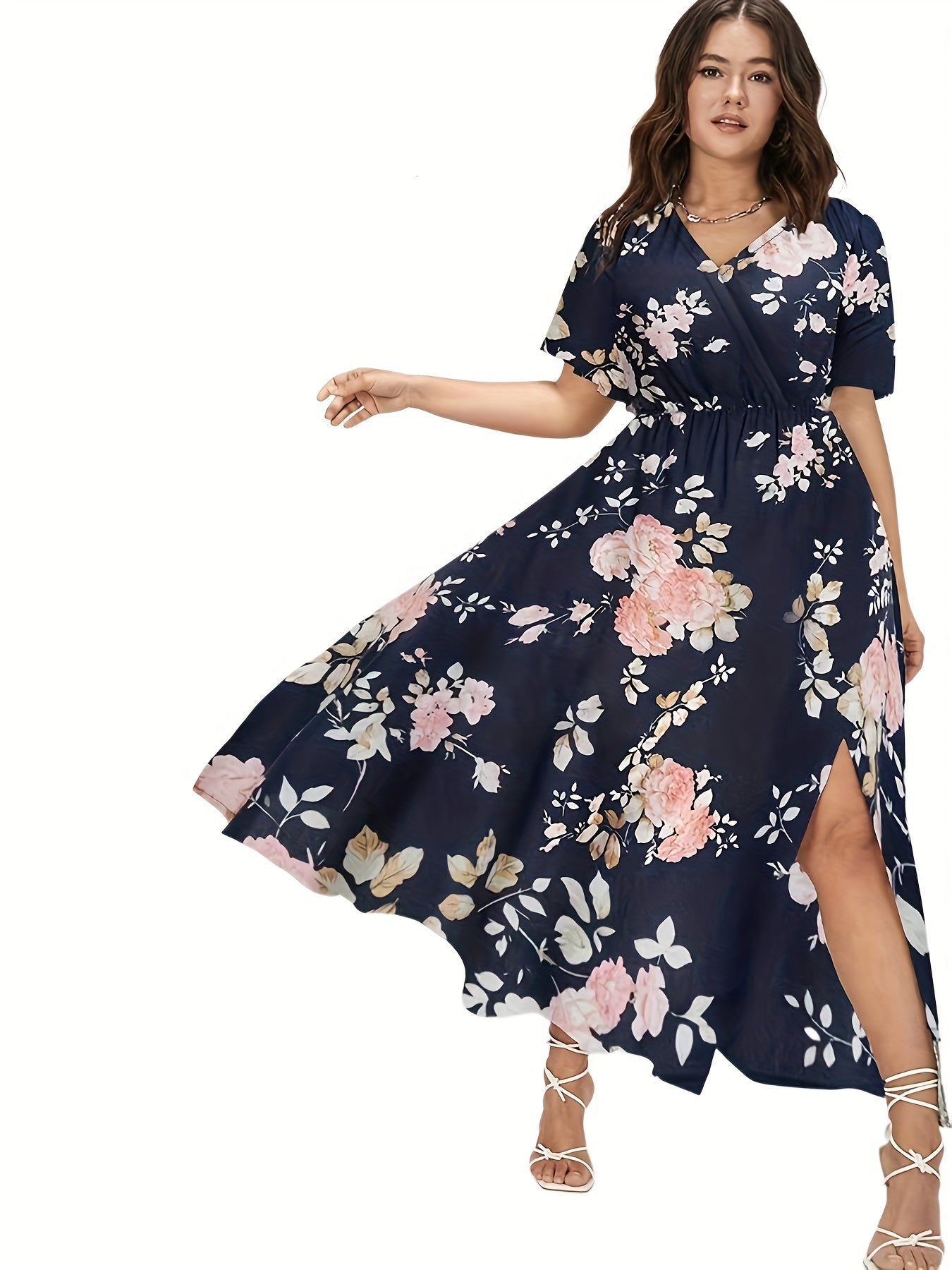  Boho Dress Floral Print Maxi Ruffle Sleeve Split