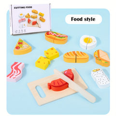 Wooden Reusable Play Kitchen Set with Fruits, Seafood, Desserts, and Cutting Kit