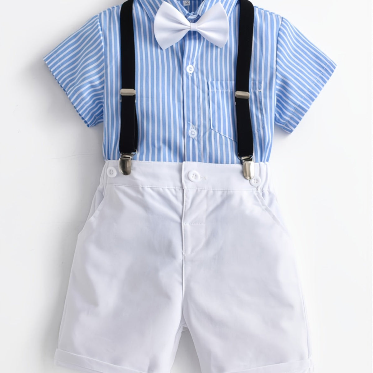 Toddler Boys Striped Bow Tie Top & Suspender Shorts Summer Set