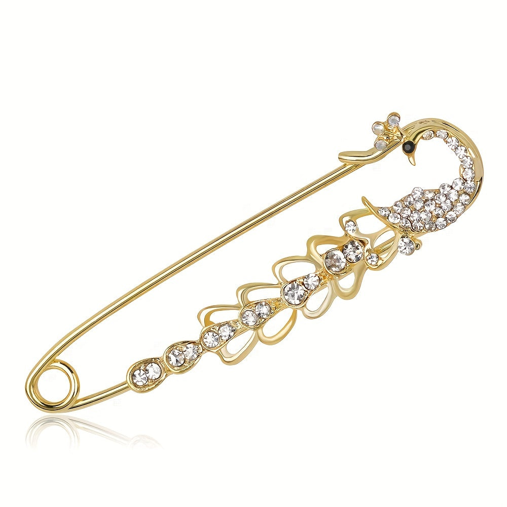 Men's Diamond Peacock Pin Brooch Golden Alloy Peacock