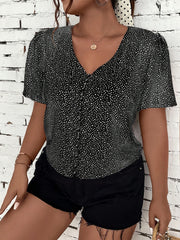  Dot Print Button Up Short Sleeve V Neck Top