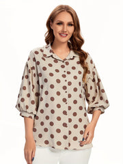  Dot Print Button Up Lantern Sleeve Blouse