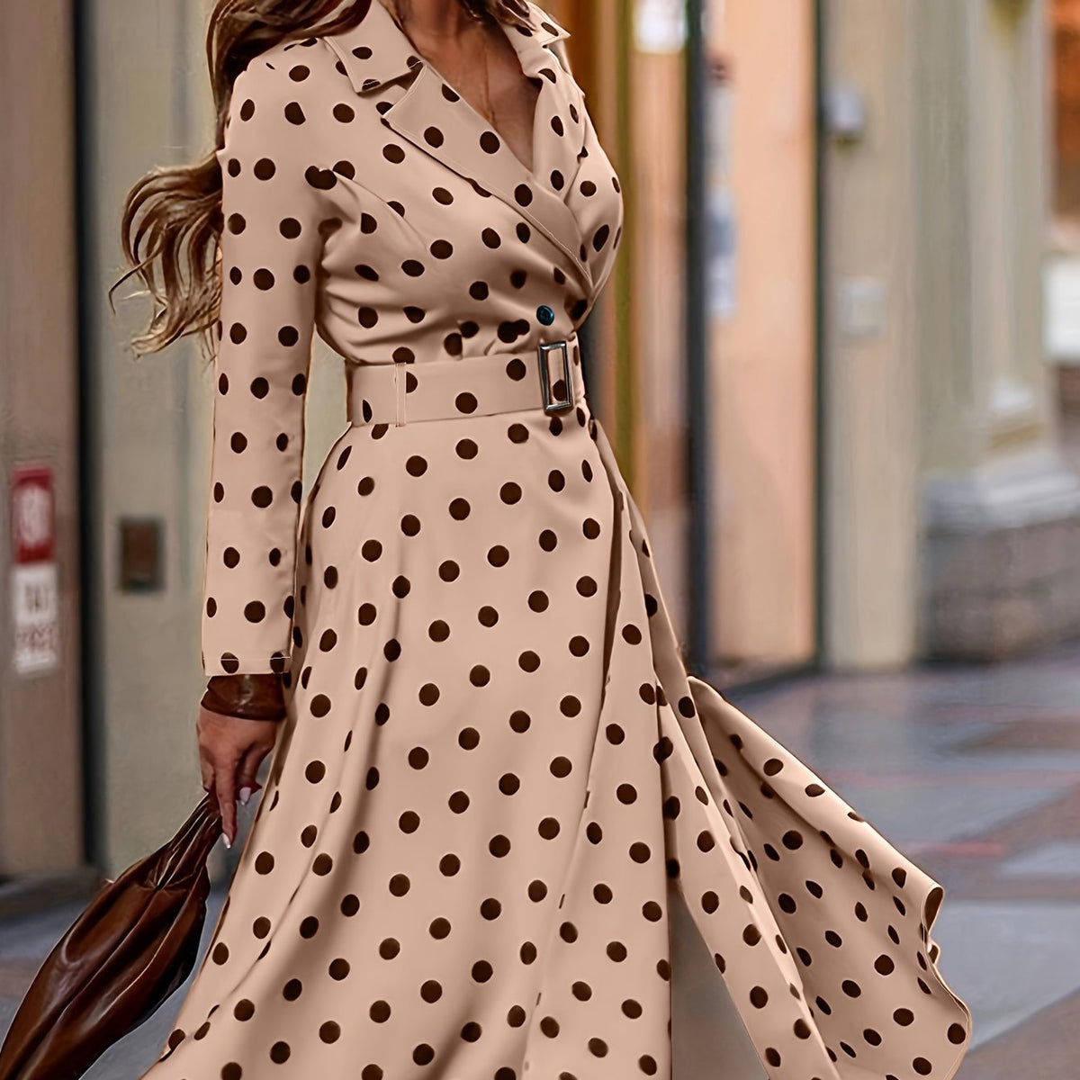  Polka Dot Print Long Sleeve Lapel Collar Dress