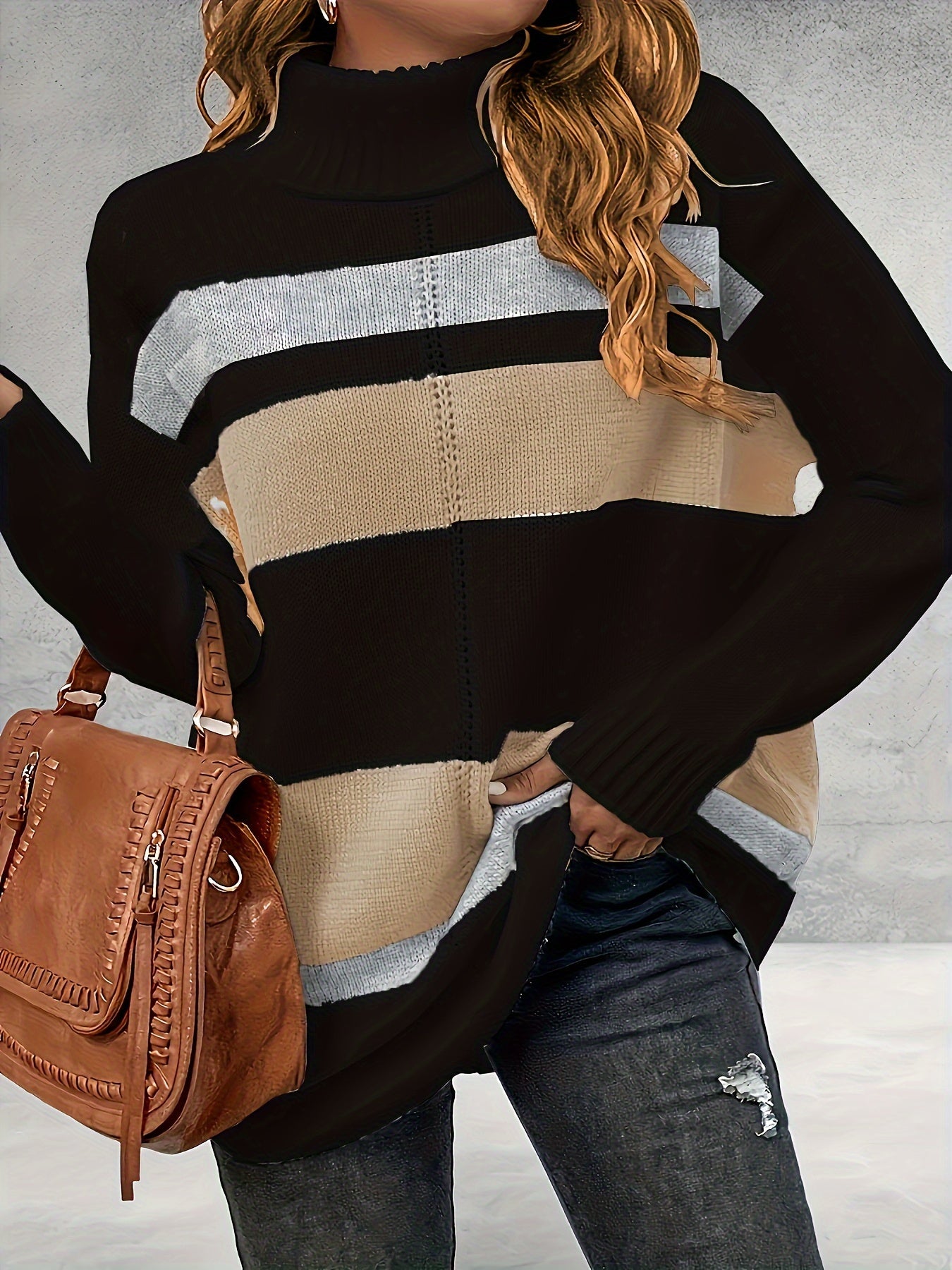  Colorblock Turtle Neck Sweater