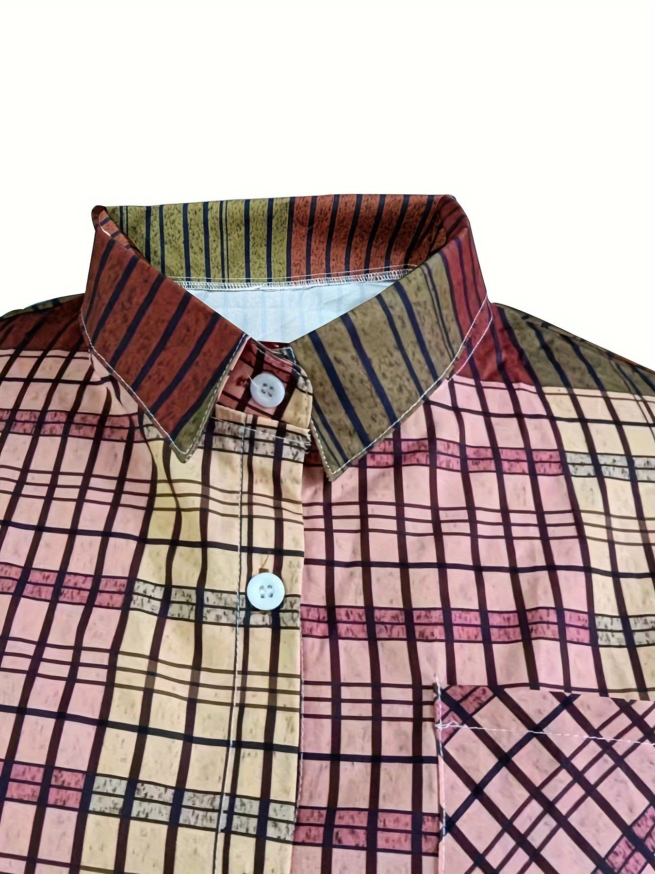  Colorblock Plaid Blouse Long Sleeve Button Up