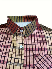  Colorblock Plaid Blouse Long Sleeve Button Up