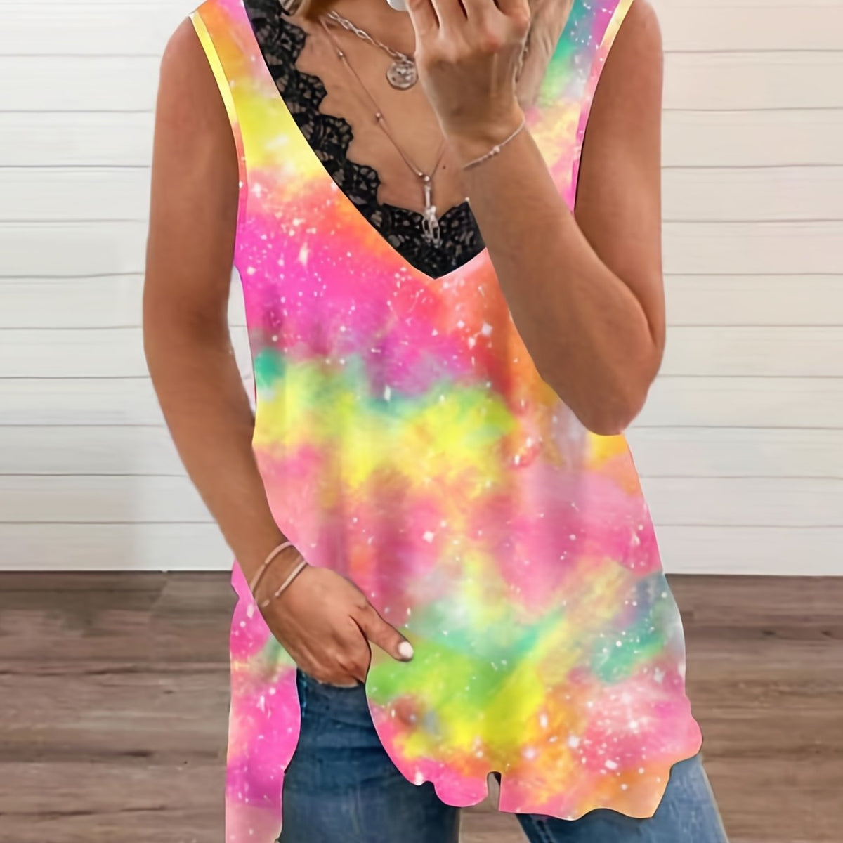  Tie Dye Lace Trim Tank Top V Neck