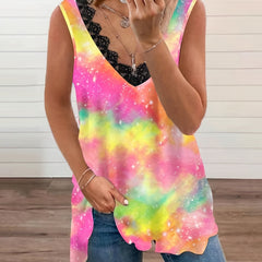  Tie Dye Lace Trim Tank Top V Neck