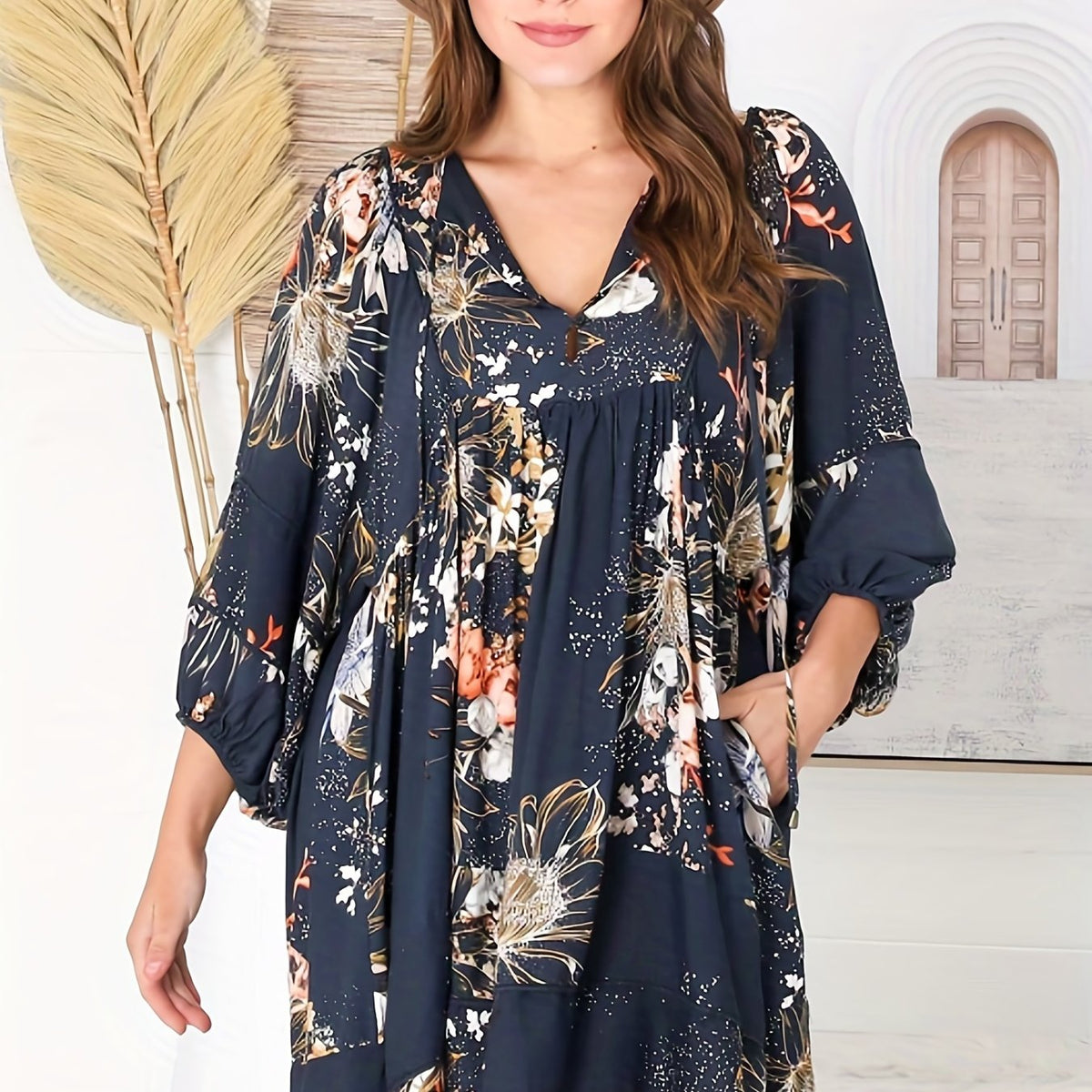 Plus Size Floral Lantern Sleeve Mini Dress