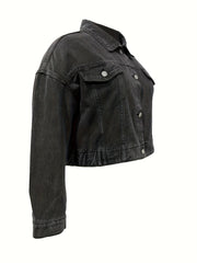  Casual Denim Top Women's Plus Solid Button Up Long Sleeve Denim Jacket