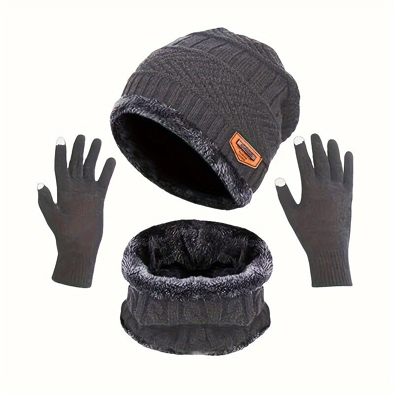 Winter Knitted Hat Scarf Gloves Set Velvet Lining Touch Screen Thermal Gloves