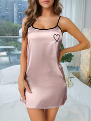 Heart Embroidery Satin Nightdress V Neck Sleep Dress Women's Sleepwear