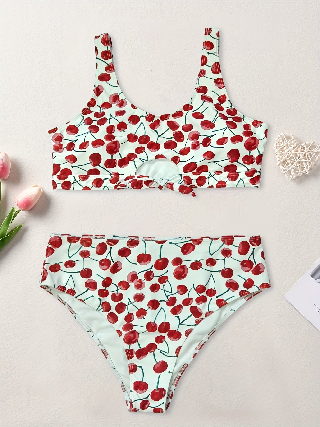  Cherry Print Cut Out Two Piece Swimsuit Set