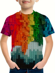 Boys' Gradient Blocks T Shirt Casual & Stretchy Tee For Summer Activities