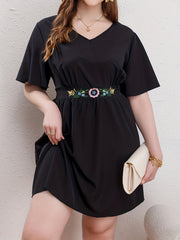  Floral Embroidered Ruffle Sleeve V Neck Dress
