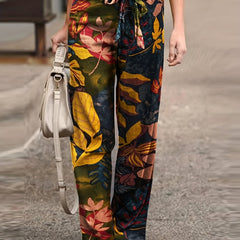 Leaf Print Elastic High Rise Pants