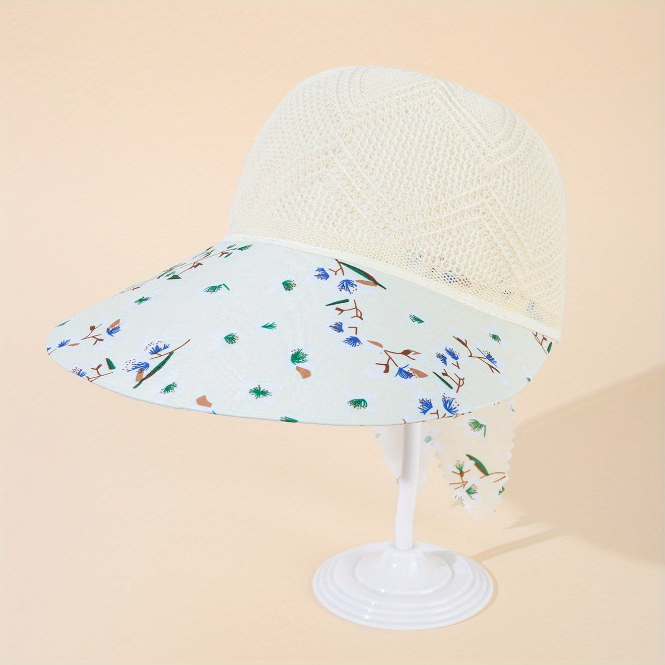 Flower Print Sun Hat Hollow Knitted Lace Up Visor Hat