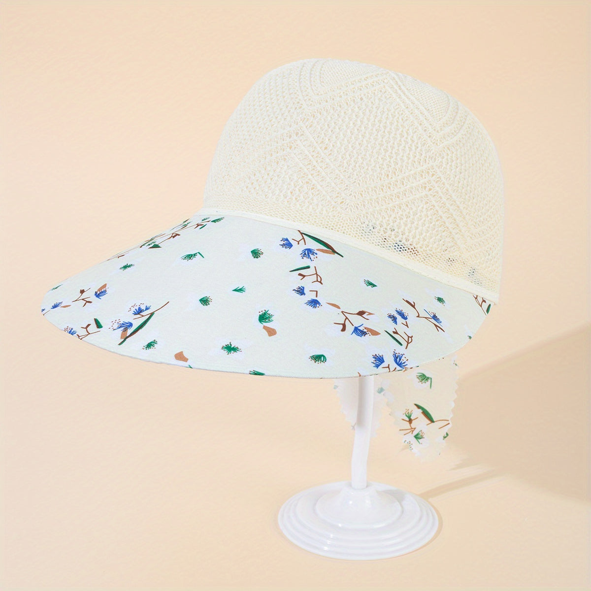 Flower Print Sun Hat Hollow Knitted Lace Up Visor Hat