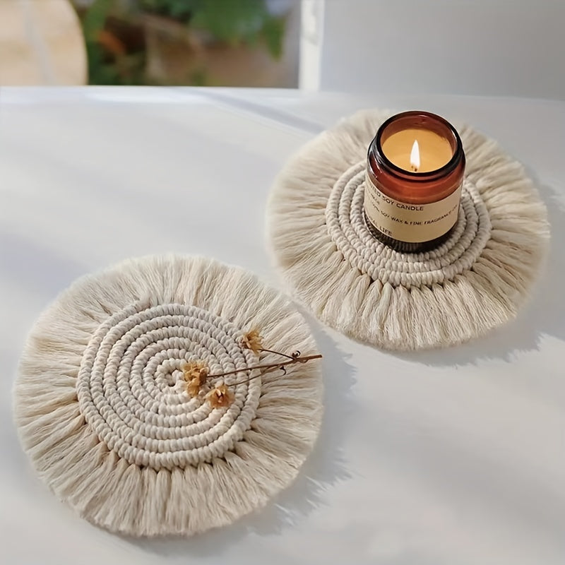 Boho Macrame Coasters For Wooden Table - Hand Woven Drink Coasters