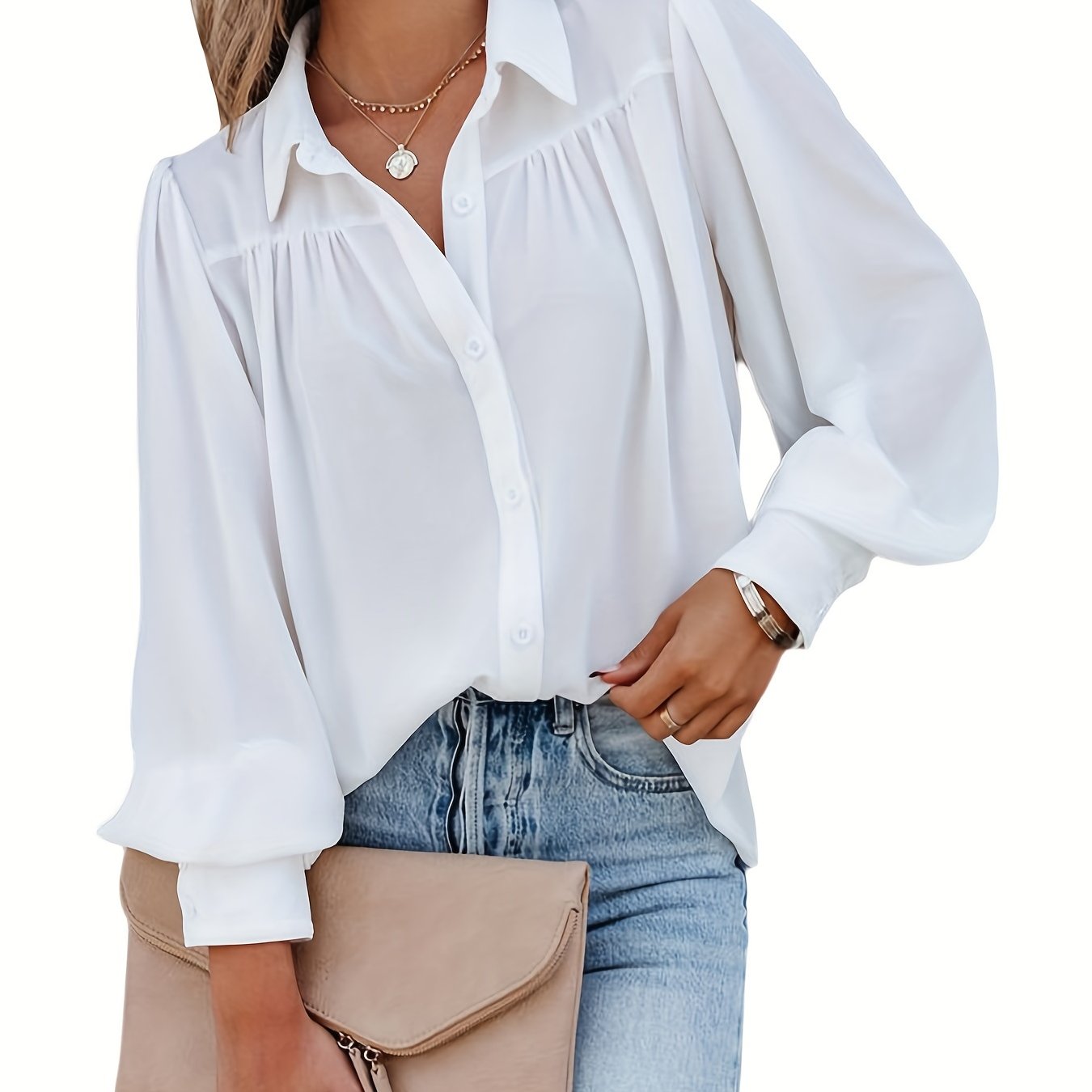  Solid Button Up Lantern Sleeve Blouse