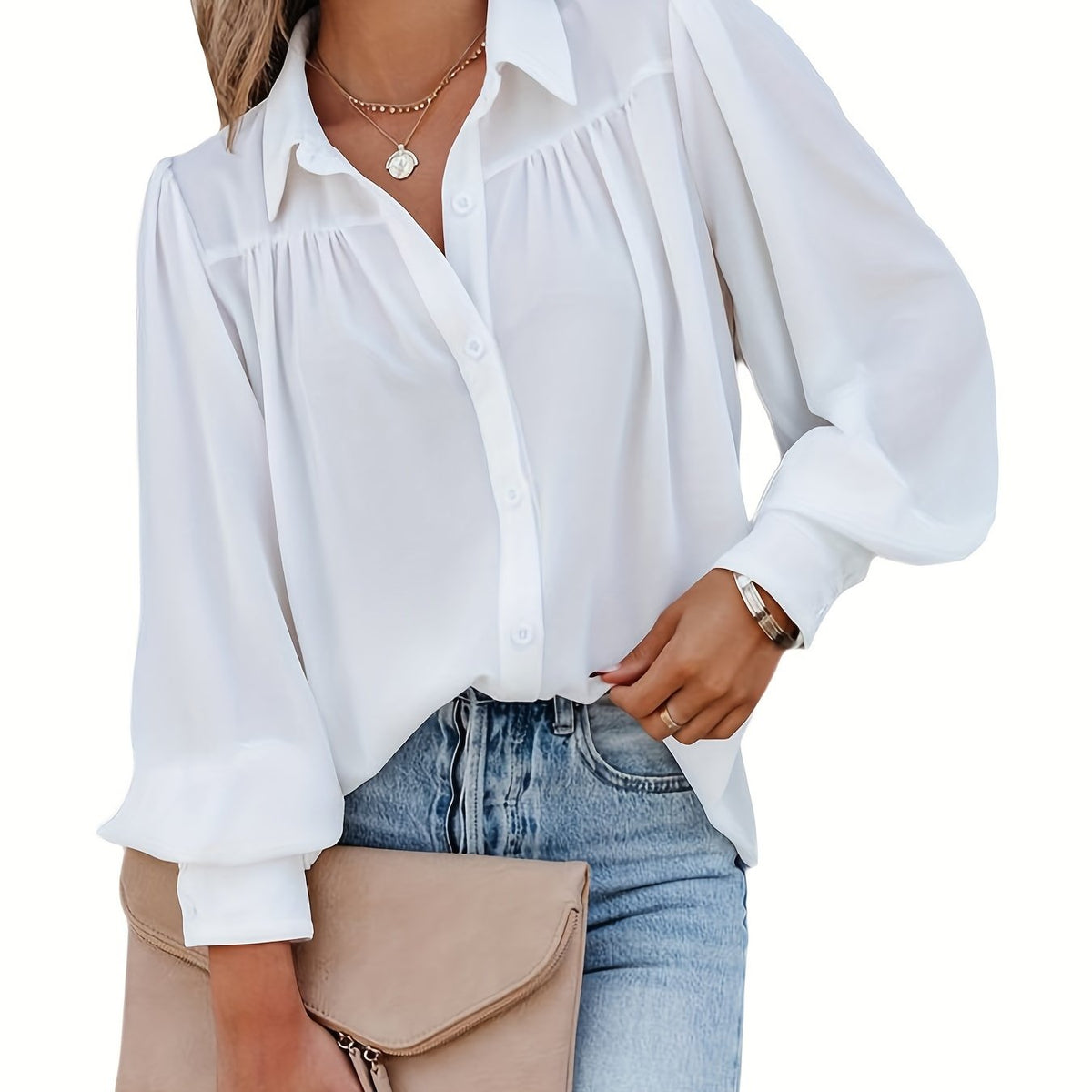  Solid Button Up Lantern Sleeve Blouse