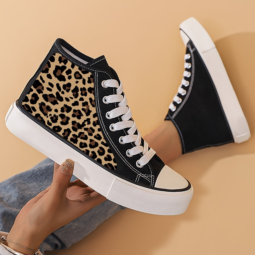 Leopard Pattern Canvas Shoes Lace Up Comfort High Top Outdoor Shoes