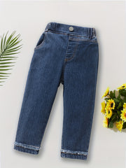 Kid Girls Casual Denim Pants Trousers Elastic Waist Regular Fit Jeans