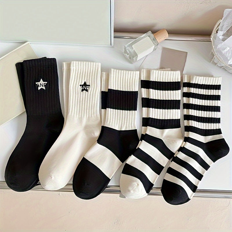 5 Pairs Striped & Star Print Socks Mid Tube Women's Stockings