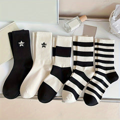 5 Pairs Striped & Star Print Socks Mid Tube Women's Stockings