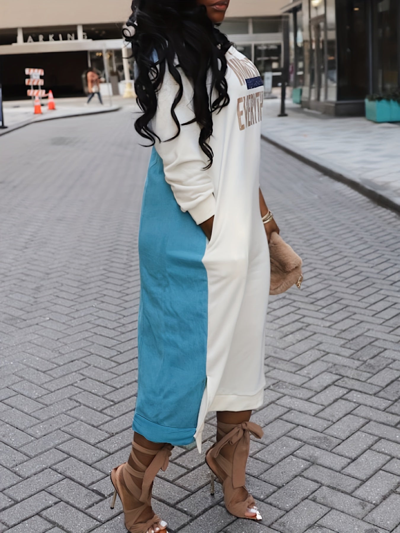  Colorblock Letter Print Long Sleeve Sweatshirt Dress