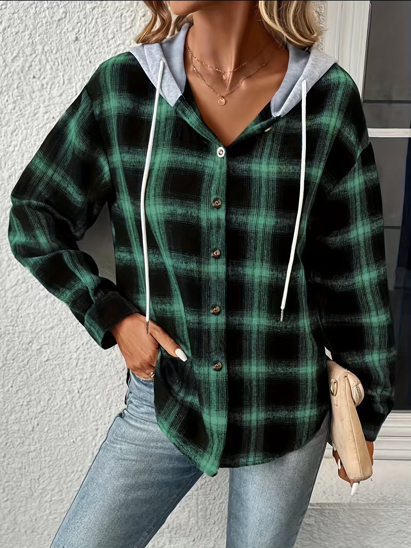  Plaid Print Drawstring Hooded Button Up Shacket